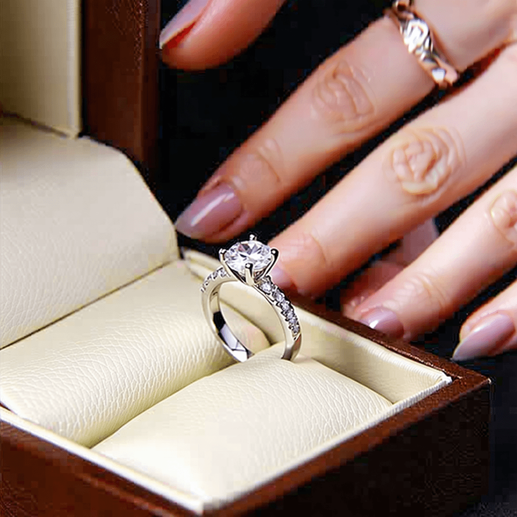 Craft an Instagram ad capturing the intimate journey of an engagement ring, from its gleaming presentation in a plush box under soft glow lighting to its final, loving placement on a woman's finger. Start with a macro shot of the ring that emphasizes the gemstone's intricate details and the metal's soft reflections. Incorporate dynamic, subtle camera zooms to transition between scenes, enhancing the romantic mood with a subtle vignette. The sequence should flow into hands joining, highlighted by natural sunlight, and conclude with a soft, warm blurred background where the brand's logo subtly animates into focus. The ad should feel engaging, optimized for mobile viewing, and imbue a sense of timeless romance.