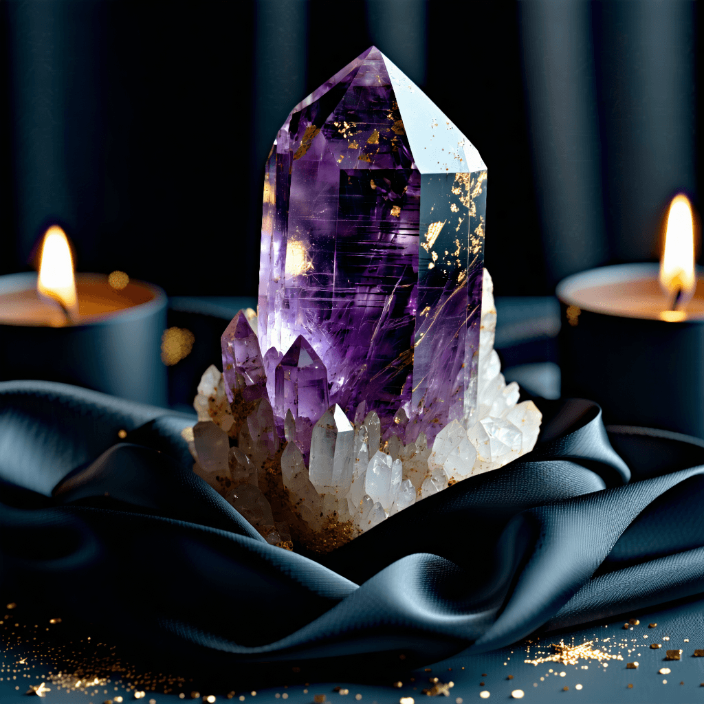 "4. Macro shot of a vibrant amethyst crystal nestled in black satin, emitting gold sparks under the warm glow of candlelight, shallow depth of field, gritty grunge style, 50mm lens --ar 3:4 --v 6 --style raw --q 2 --backlight
5. Powerful woman dressed in a billowing black cloak sat in a warrior's pose, fists clenched in determination, eyes wide, surrounded by a harsh metallic sheen in a stark,