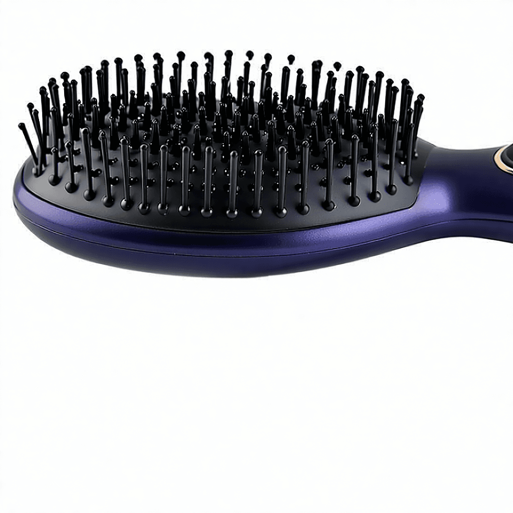 Capture an elegant, high-quality product photo of a Self Cleaning Hairbrush designed for women. This unique hairbrush features a one-key cleaning mechanism, a design aimed at reducing hair loss, and an airbag for scalp massages, all while being anti-static. The image should radiate a sense of morning routine freshness, incorporating soft lighting to highlight the brush's sleek, monochromatic color scheme and the intricate textures that speak to its high-quality craftsmanship. Set against a minimalist white background, place the hairbrush in the rule of thirds composition to draw attention to its features, especially the macro shot of the logo that signifies its brand identity. A model's hand should be shown elegantly holding the brush, emphasizing user interaction and the brush's ease of use. Surround this scene with a lifestyle setup that includes a silk hair ribbon as a prop, subtly introducing a touch of everyday luxury. The overhead shot should creatively experiment with angles to best showcase the brush's functionality and design, making the viewer appreciate the innovative one-key cleaning mechanism.
