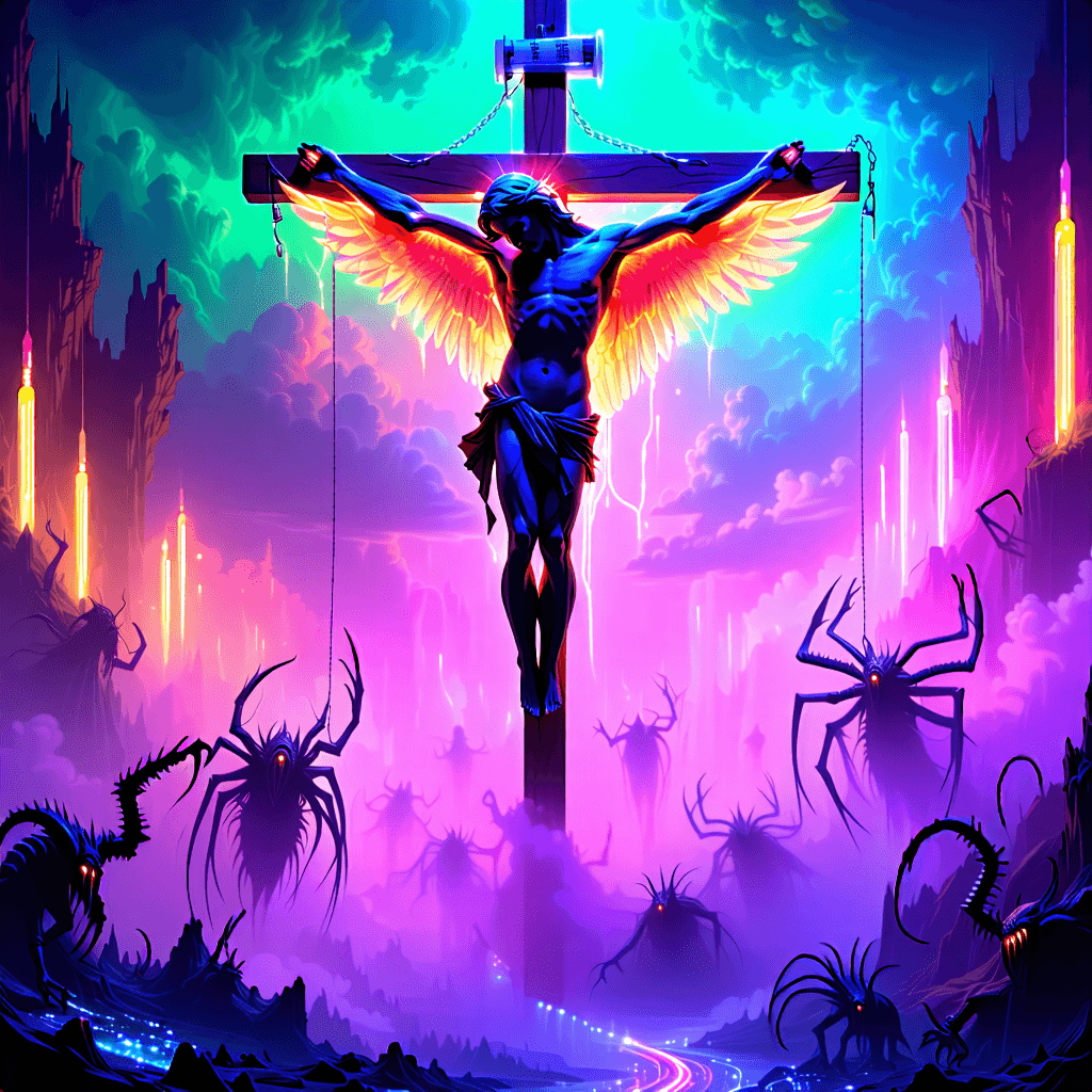 Craft a surreal artwork where a figure resembling Jesus Christ is suspended on a crucifix made of two hypodermic syringes, under a neon-lit, otherworldly sky. An ethereal angel, with intricately detailed wings, whispers secrets into one ear behind cupped hands. Below, a myriad of demon creatures dance and writhe; some are caught in lascivious acts, others gnaw at the figure's feet, all atop a winding river of sludge. The scene is awash in vivid neon pink, matt black, and hot green, creating a stark, dreamlike contrast. Integrate dynamic movement and surreal transformations among the creatures, adding a sense of kinetic energy and chaotic harmony. Experiment with lighting to cast an otherworldly glow, particularly emphasizing the angel's ethereal presence and the sharp, reflective surfaces of the syringes. Incorporate elements of distorted reality and unsettling symmetry, such as mirroring the scene in the river's surface, to deepen the surreal effect. Use negative space thoughtfully to balance the crowded composition, and weave in visual metaphors that hint at inner struggles or a larger mythos, enriching the narrative and emotive impact.
