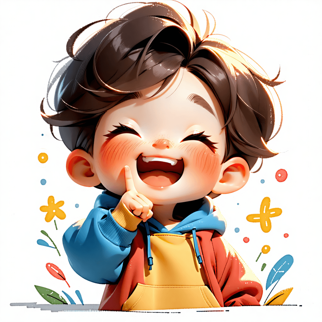 Envision a character design that exudes the joyous essence of childhood. Picture a cartoon character child, brimming with cheerfulness, their face illuminated by a big smile and eyes sparkling with excitement. They are in the midst of a dynamic, expressive pose, one hand gently placed near their mouth, two fingers drawing a smile in the air - a beautiful representation of 'happy' in Arabic sign language: index and thumb open as L shape around mouth. Their outfit is casual yet colorful, perfectly complementing the bright and vibrant color palette that surrounds them. The backdrop is simple yet filled with colorful elements, providing a cheerful ambiance without overwhelming the main subject. Soft, diffused lighting casts gentle shadows, highlighting the subtle textures that add depth to the image. The composition is diagonal, adding an energy that matches the child's vibrant personality. Cultural motifs subtly woven into the design honor the richness of Arabic sign language, creating a picture of inclusion and joy.