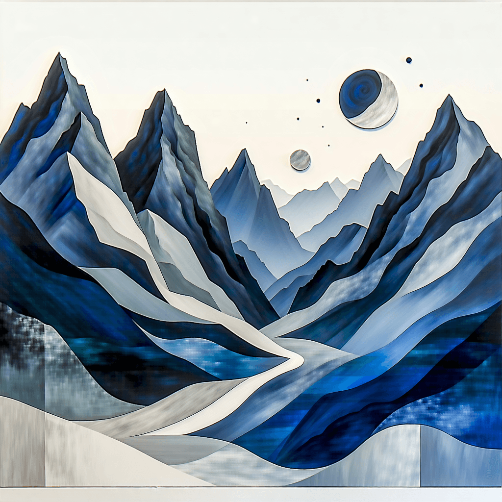 Craft an abstract art piece inspired by the concept of two mountains with a valley nestled between them. Envision this landscape through the lens of an analogous color scheme, utilizing a monochromatic palette to evoke a serene and cohesive atmosphere. Integrate organic textures across the composition, allowing fluid curves to define the abstract forms of the mountains and valley. Employ asymmetrical balance to introduce dynamic tension and interest, while gestural marks add a layer of expressive depth. Illuminate the scene with high contrast lighting, emphasizing the interplay of light and shadow to sculpt the abstract forms. Incorporate spiral dynamics to suggest abstract motion and flow within the valley, creating a sense of gentle movement. Use foreshortening to craft abstract depth and perspective, enhancing the visual intrigue. Contrast the textures within the scene for harmonic complexity, and embed fractal patterns to infuse the composition with a rhythm of pattern and repetition. Let this abstract portrayal not only represent the physical landscape but also whisper the silent stories and emotions bound in the valley's embrace.