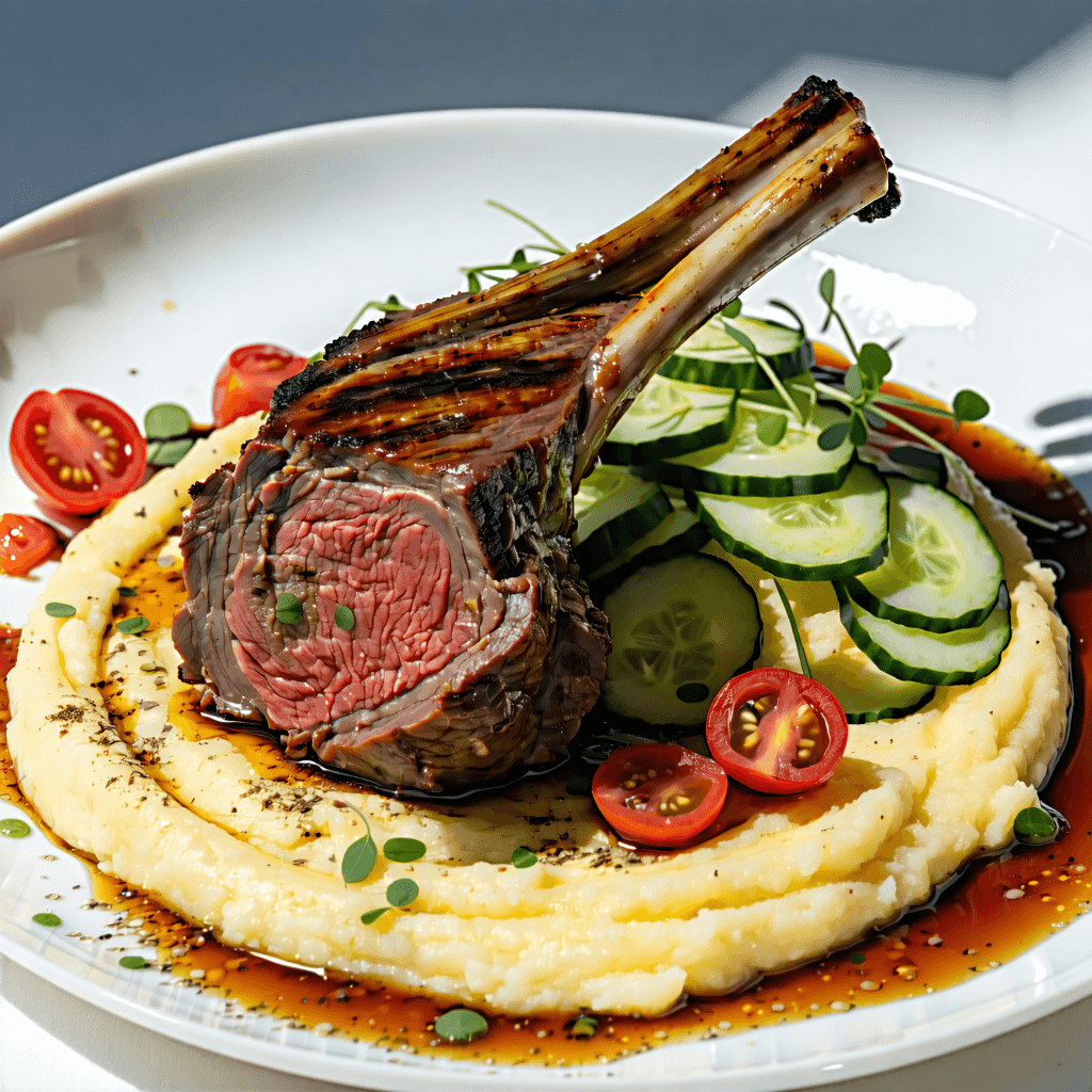 Craft an appetizing food photograph featuring a succulently cooked lamb shank, its rich textures glistening, poised elegantly atop creamy polenta, accompanied by a fresh cucumber tomato salad. The salad, sprinkled with droplets of water, emphasizes freshness. Illuminate this scene with soft natural lighting to cast delicate shadows and highlight the contrasting textures and complementary colors of the dish and its garnish. Employ a shallow depth of field to blur the rustic background, ensuring the main subject remains the focal point, positioned according to the rule of thirds for a balanced composition. Capture the dynamic moment of a rich, velvety sauce being poured over the lamb, adding a sense of motion. Utilize a Dutch angle to introduce an engaging perspective, and include rustic props and serving utensils to narrate the story of a meal prepared with care. The overall image should exude a professional, stylish, and engaging aura, inviting the viewer to taste the dish with their eyes.