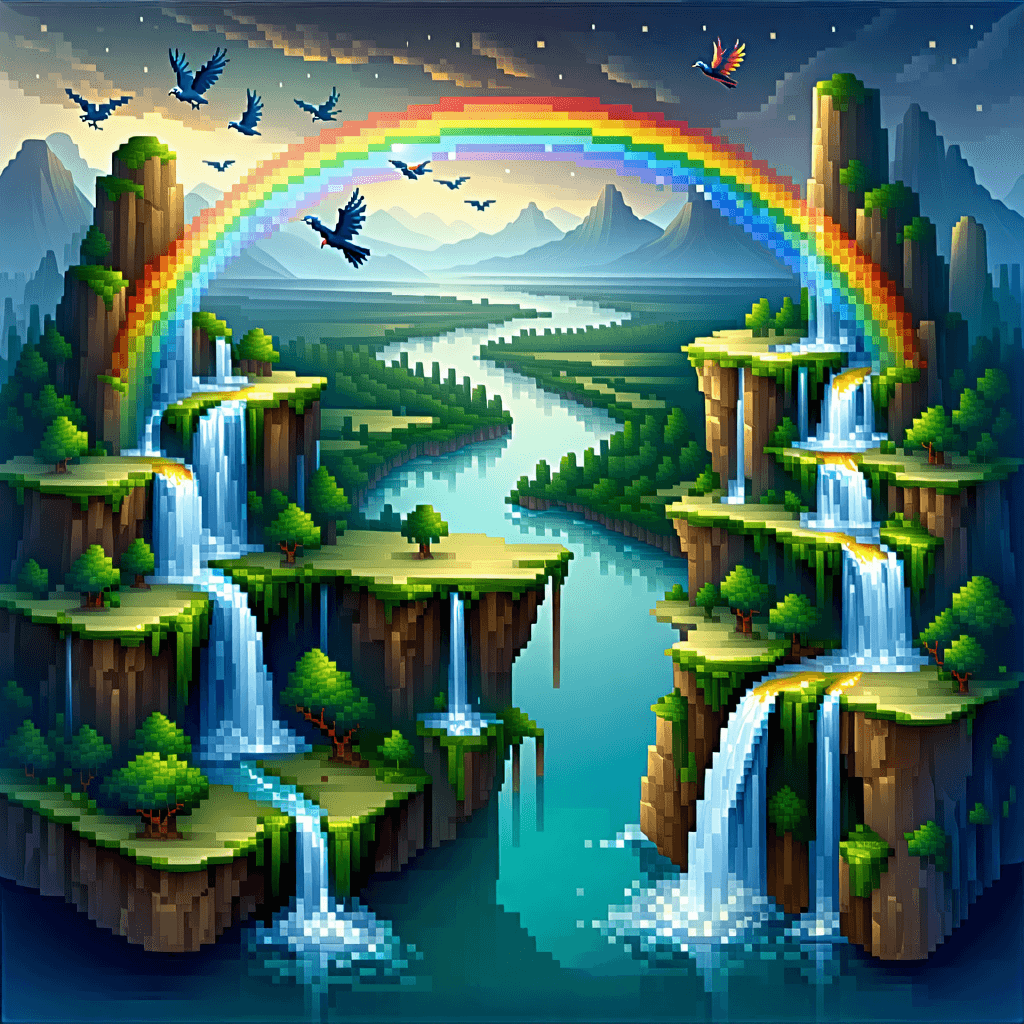 Create a breathtaking concept art piece capturing a bird's eye view of a mystical river confluence. This river is not ordinary; floating islands with cascading waterfalls hover above the confluence, each waterfall shimmering as it blends into the river below. A subtle rainbow arches gracefully over the scene, adding a touch of ethereal beauty. Majestic phoenix birds, their feathers a riot of jewel tones, soar above, their wings catching the soft, golden glow emanating from an unseen mythical source. Below, ancient ruins peek from beneath the river's surface, hinting at long-lost civilizations. Towering crystal spires rise dramatically from the riverbed, their surfaces reflecting the light and adding to the scene's magical ambiance. Shimmering portals, pulsing gently, float above the confluence, suggesting gateways to other realms. The atmosphere is charged with energy as swirling storm clouds gather overhead, their dark forms contrasting with the scene's vibrant colors. Ancient tomes and scrolls, edges fringed with moss, emerge along the riverbanks, while luminescent jellyfish and shimmering spirits add a touch of movement and mystery. Tiny, glowing fireflies create a delicate counterpoint to the scene's grandeur, their light flickering above the riverbanks. The entire composition is imbued with a sense of dynamic movement, magical intrigue, and a deep, resonant beauty, rendered in a style that is both cinematic and atmospheric.