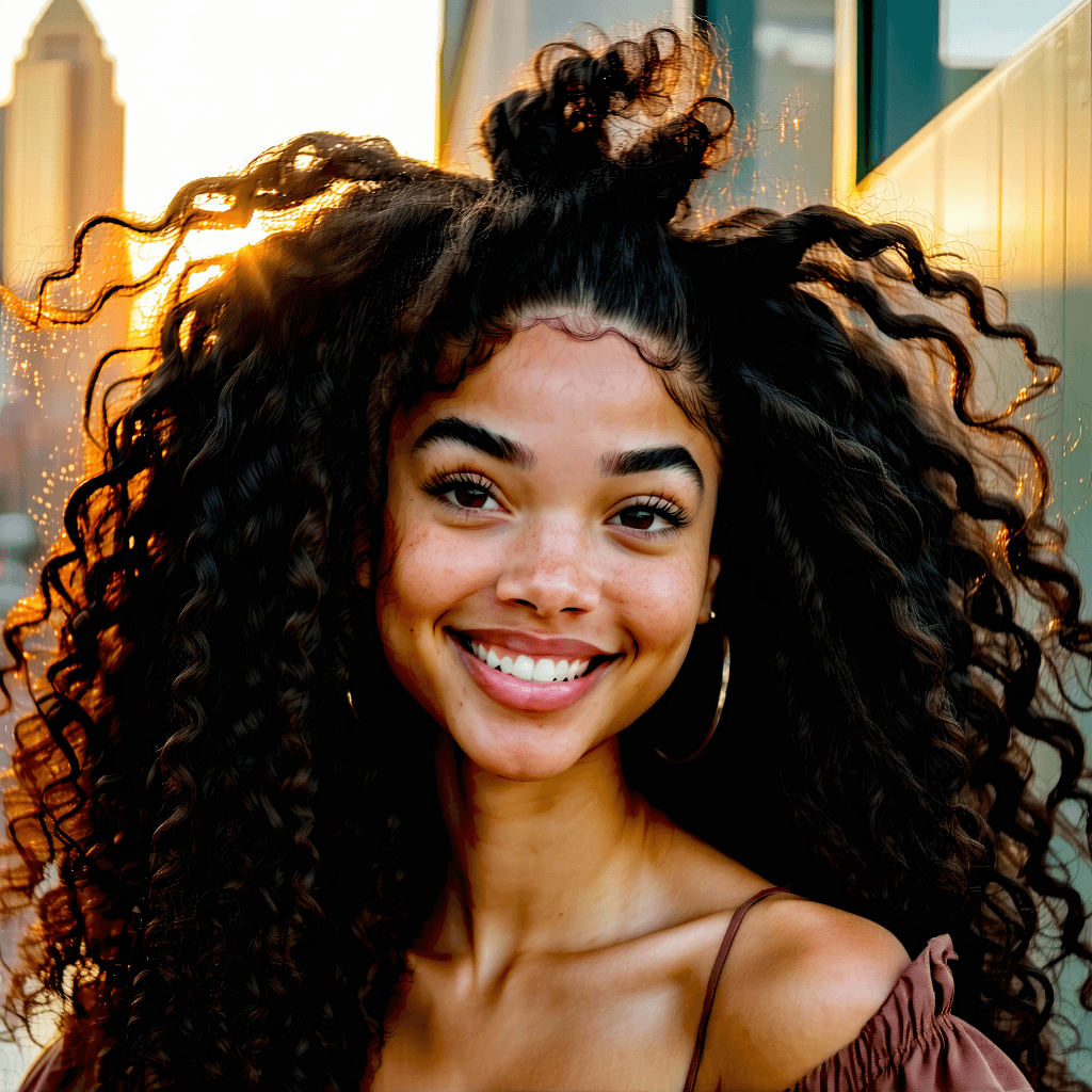 Envision a book cover that encapsulates the essence of a mixed-race girl with an R&B singer's charm. She radiates warmth and confidence, her long, curly hair flowing vibrantly around her shoulders, highlighted by soft, natural lighting that enhances her skin's glow and the lively movement of her curls. Her dimples are prominent, accentuated by her captivating smile and gaze, which are both confident and sultry. She's positioned off-center, following the rule of thirds, against a softly focused urban cityscape at dusk, the warm earth tones of the scene complementing her fashion-forward, chic style. She's adorned with statement earrings, adding to her bold personality. The mood is sultry and alluring, inviting intrigue and admiration. A bold and modern font spells out the title, integrating seamlessly with the image, while musical notes subtly incorporated into the background hint at her musical prowess. The composition is dynamic yet harmonious, promising a story of talent, charisma, and the complexities of her journey.