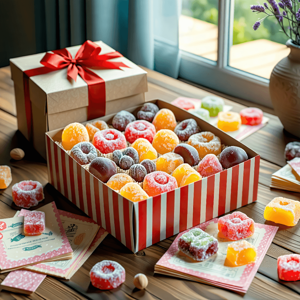 High-end lifestyle product photography of a gift box filled with retro sweets. The box sits on a modern wooden table with subtle props like vintage candy wrappers and soft napkins around it. Bright natural daylight coming from a window, warm nostalgic tones, cozy and inviting atmosphere. Ultra-realistic, shallow depth of field, the box and sweets are the main focus. Commercial advertising photo, no text, no logos, no people obstructing the view.