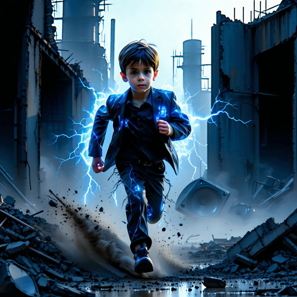 A cinematic post-apocalyptic world.
A young boy is running forward through a destroyed industrial wasteland.

The environment is dark and gritty: broken concrete, ruined warehouses, abandoned speakers and metal structures.
Dust and debris in the air, dramatic atmosphere.

The boy wears a worn futuristic rave-inspired outfit.
On his suit, subtle electric patterns are visible: glowing lines, circuit-like details, and faint energy veins embedded in the fabric.
The electric elements are not sparks or lightning, only soft glowing energy details integrated into the clothing.

His expression shows determination, rebellion, and raw youth energy.

Cinematic lighting, high contrast, dynamic motion blur on the background.
Ultra-detailed, high-resolution concept art.
Gritty, 90s rave and post-industrial aesthetic.