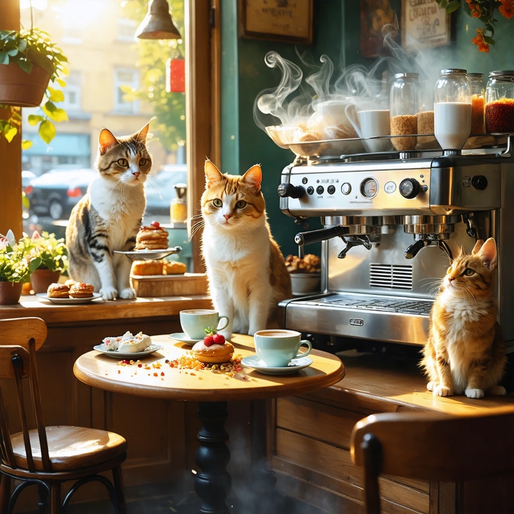 AI Generated Art: Create a photographic image capturing a cozy, sunlit café bathed in soft, warm tones of golden sunlight filtering through windows. The café is alive with whimsical realism: wooden tables and chairs adorned with pastries and coffee machines, while cats type on tiny laptops, dogs with trays in their mouths serve customers, parrots hop along the coffee machines, and rabbits make playful leaps across tables. Coffee mugs and pastries levitate amidst whimsical steam spirals, creating a dynamic, layered composition with foreground elements of floating particles like crumbs or coffee steam adding to the playful motion. Humans are present, their faces a mix of amusement and confusion as they watch the enchanted scene unfold around them. The image should focus on detailed reflections shimmering on polished surfaces, photorealistic textures of wood, fur, and food, and the humorous, comic expressions of both animals and humans. Aim for a cinematic composition that blends realism with fantasy, capturing the collaborative tasks between animals in sharp focus against a backdrop of selective focus on the enchanted atmosphere, ensuring the scene feels both magical and believable.