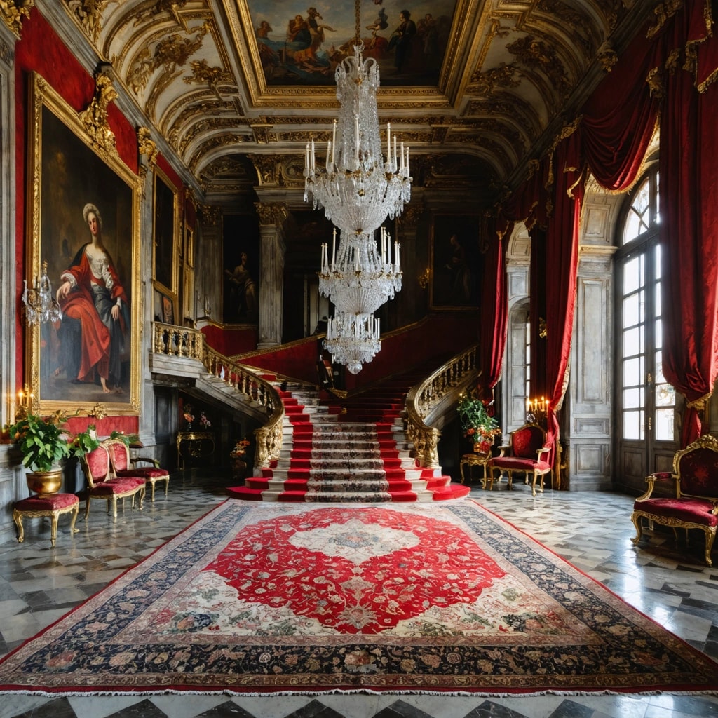 AI Generated Art: Craft a photographic image capturing the essence of timeless Italian grandeur within a luxurious grand room of an Italian palazzo. From a wide-angle, low angle perspective, the scene unfolds with soft natural daylight illuminating the space, highlighting the rich textures of massive framed oil paintings adorning the walls, showcasing dramatic Italian Renaissance and Baroque masterpieces. The deep reds and golds of a richly patterned Persian-style carpet stretch across the polished marble floor, complementing the ornate gold-trimmed ceilings overhead. From these ceilings hang two colossal crystal chandeliers, their reflections dancing across the room, adding to the opulent lighting. Carved columns rise majestically, framing antique furniture with velvet upholstery and gilded mirrors, encapsulating the atmosphere of timeless elegance. The composition includes a silhouetted figure by an arched window, adding a human element that contrasts with the dramatic shadows cast across the room, emphasizing the contrast of light and shadow. The camera's shallow depth of field focuses on the intricate details — a close-up of the oil paintings' texture, the carved patterns on the columns, and the plush velvet, creating a scene that is both a feast for the eyes and a testament to classical European architecture and luxury decor.