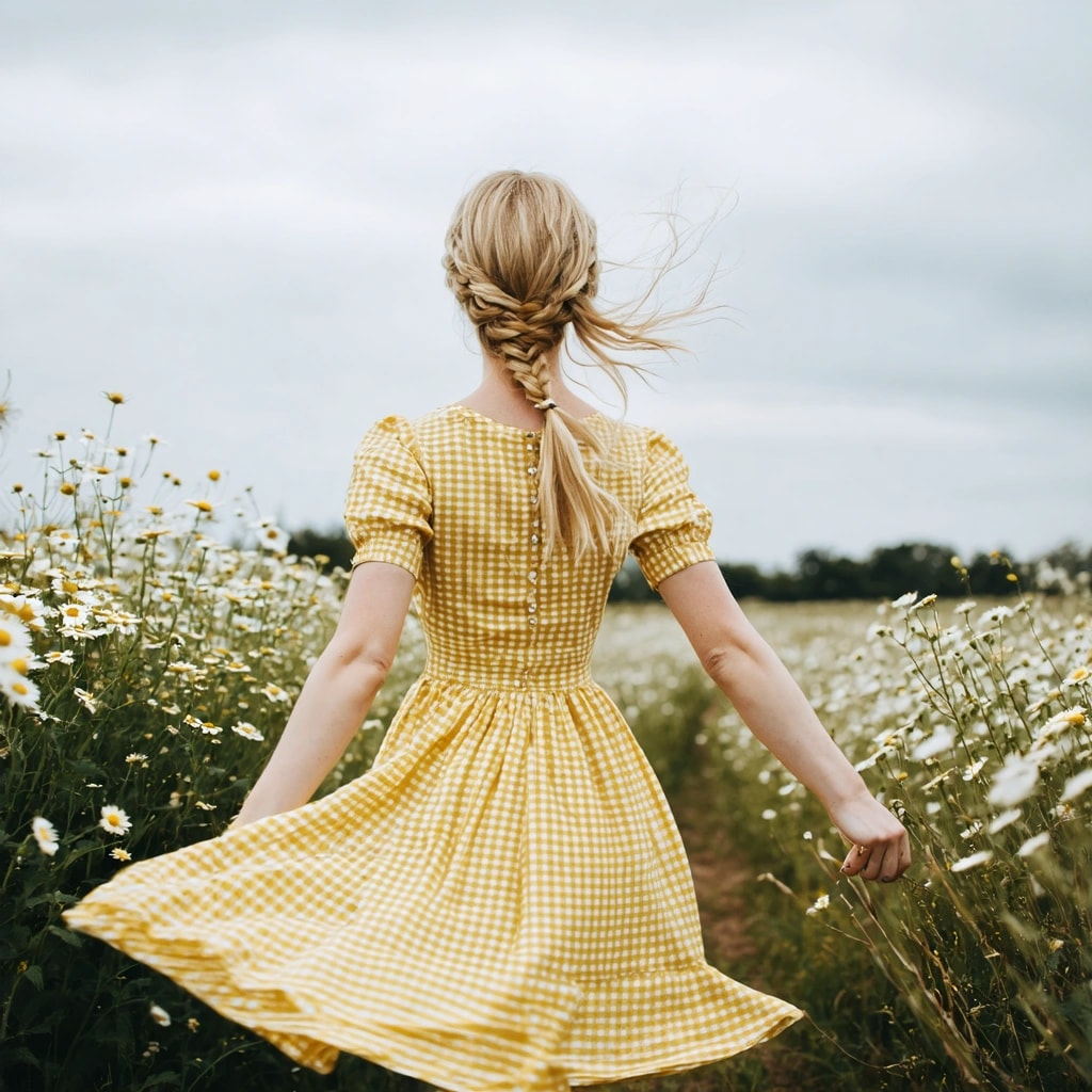 AI Generated Art: "Create an evocative, moody image featuring a slim, attractive woman in a yellow gingham flared dress, her blonde hair arranged in an undone braid with strands caught in the wind, as she spins through a chamomile field. Illuminate the image with the muted light of an overcast day, drawing attention to the cooler tones in the color scheme. Frame this moment from a high angle to emphasize the circular motion and the sweeping landscape, utilizing a centered composition for symmetry. Use