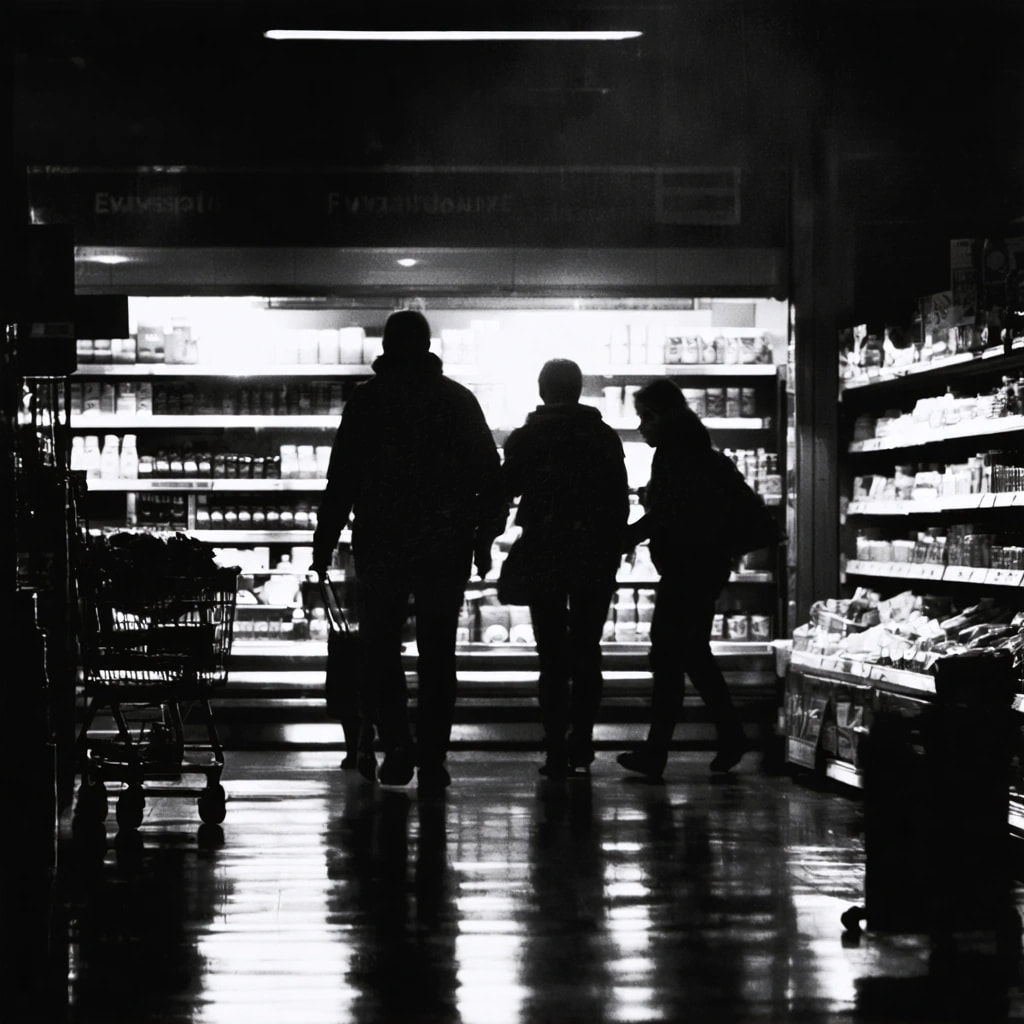 AI Generated Art: "Envision a dimly lit and lively supermarket, depicted in the high contrast and grainy texture of a classic black and white film. The lighting is moody, casting long shadows that trail across the glossy floor. The camera navigates through the aisles in a noir style, guided by the stark lines of the shelves brimming with a monochromatic palette. Customers of all ages animate the scene with exaggerated movements, their faces expressing awe and confusion as gravity inexplicably reverses. Items