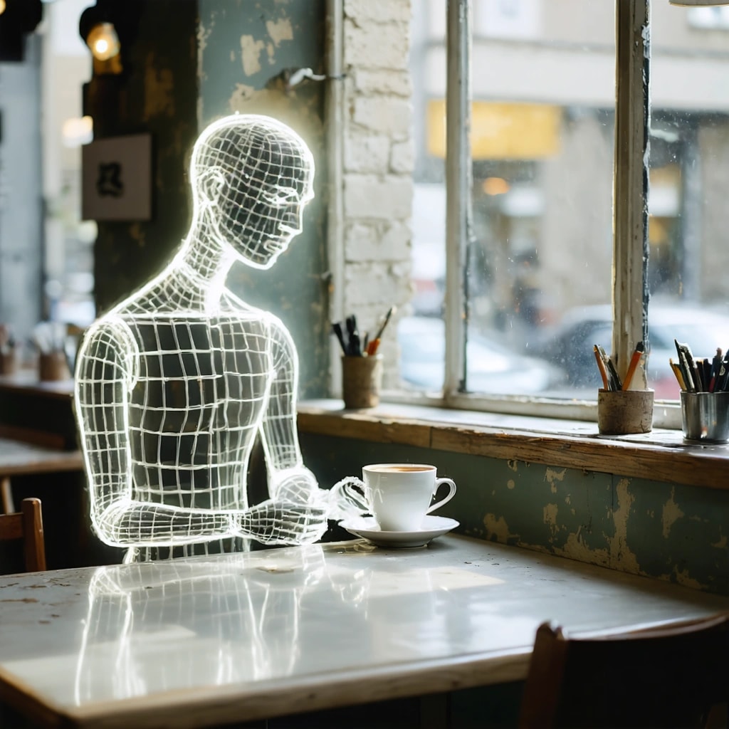 AI Generated Art: Craft a photographic image capturing a serene, humorous moment inside a café where human-like glowing ideas are the patrons. The main subject is a half-finished painting shaped idea, sipping coffee with a textured cup, embodying a moment of thoughtful contemplation. This idea is in sharp focus, under soft natural midday light streaming through windows, creating a shallow depth of field that gently blurs the surroundings. Other ideas include a film scene holding a lunch tray and a tired, small glowing product sketch slumped over a chair. Some ideas nap with comic balloon snoring Z's above them, while others stare out the window, reflecting passing clouds and their own glow on the polished table surfaces. The setting is asymmetrical, filled with premium textures and cinematic details like the reflective windows and soft shadows under napping ideas. The warm glow of the ideas contrasts with the cool tones of the café, enhancing the color contrast. A broken paintbrush beside the half-finished painting idea adds emotional depth. All elements combine to tell a premium visual story of poetic surreal realism, infused with calm and humor.