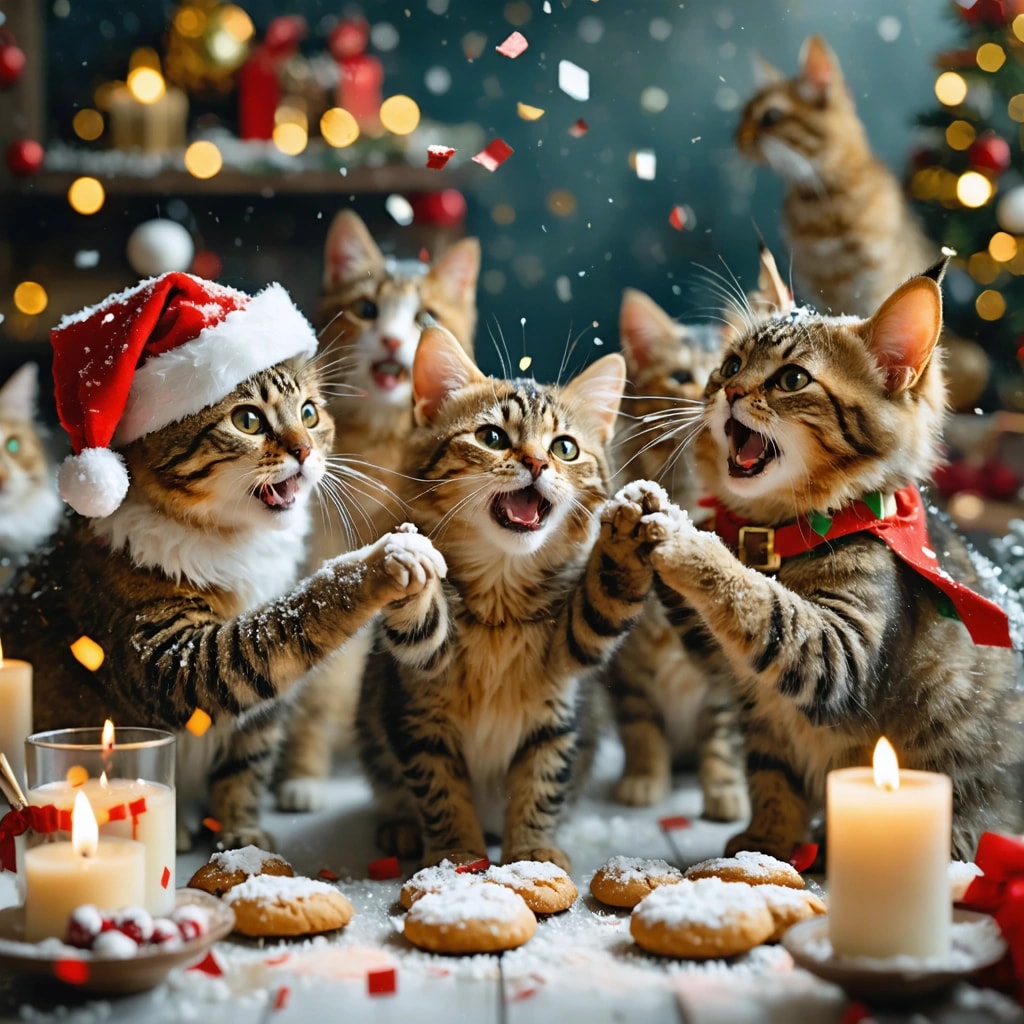 AI Generated Art: Create a high-quality, cinematic image capturing a joyful chaos of cats dressed as Santa Claus and elves. They are hosting a vibrant Christmas party, dancing on a table lavishly covered with cookies and milk. The scene is filled with confetti fluttering through the air, surrounded by glowing Christmas decorations that add a magical touch. Emphasize the soft, warm candlelight glow to enhance the festive mood, with the lighting casting dramatic shadows and highlighting textures, especially the velvet costumes and the fur details. Capture this moment from a dynamic low angle, focusing on exaggerated expressions of joy and surprise, particularly a Santa cat greeting an elf in the midst of their dance. The composition should feature a diagonal arrangement of characters, with shallow depth of field to accentuate the main subjects against a backdrop of soft-focused festive decor. The color palette should be dominated by reds and greens, complementing the overall joyous, Pixar-style realism. Ensure the image has sharp focus, realistic textures, and embodies the essence of professional photography with a touch of magical effects through the glowing decorations.