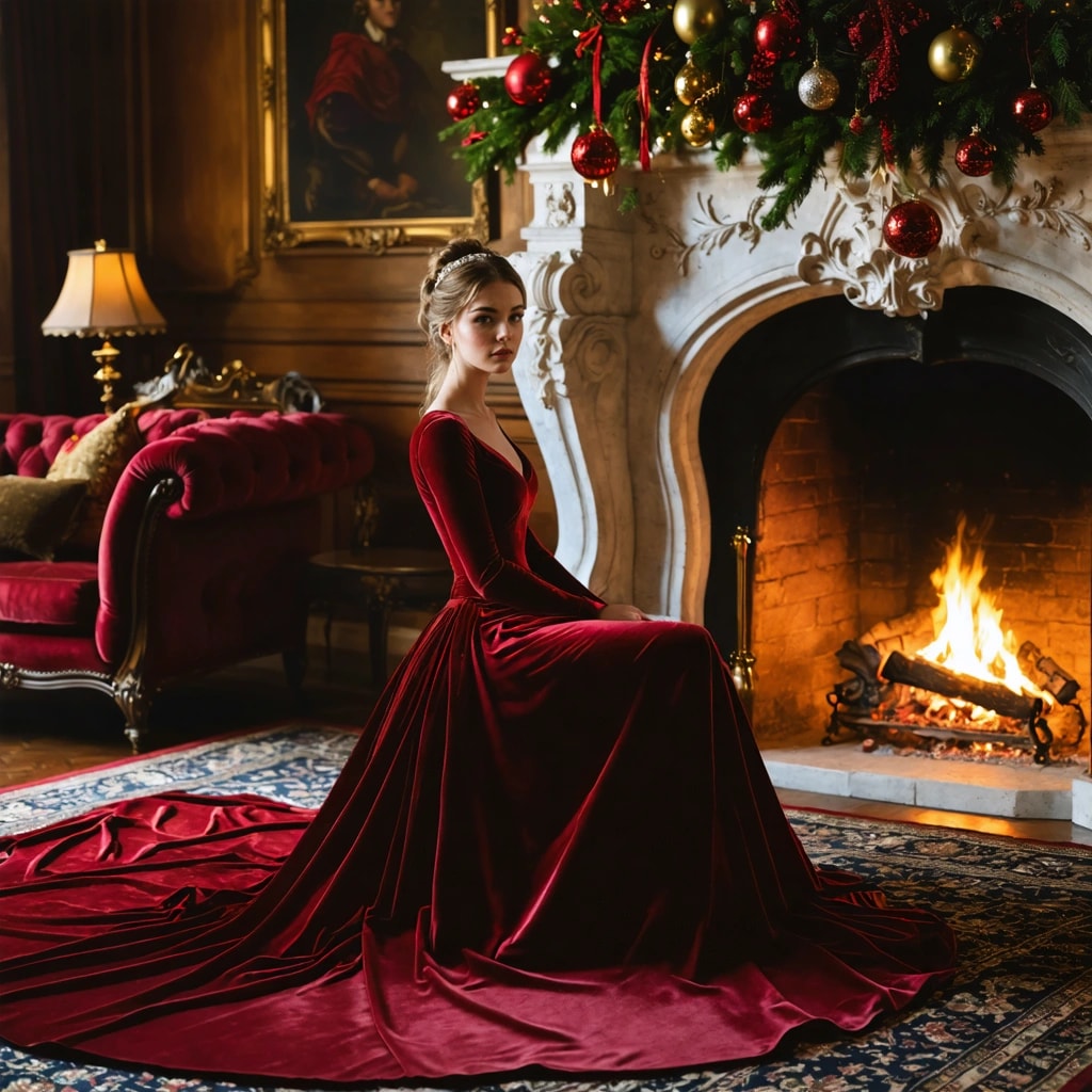 AI Generated Art: Transform this prompt into an image: "Craft an Ultra-realistic image that encapsulates a charming, cinematic European Christmas interior setting. The primary focus is a breathtaking European maiden in her prime, elegantly perched on a luxurious velvet rug near a radiant, crackling fireplace. She's draped in a sumptuous deep ruby Christmas gown, tailored from velvety fabric, accentuating her figure with a snug fit and flowing long sleeves. The soft, incandescent firelight bathes her face and attire, casting a dreamy golden glow that heightens the room's intimate and joyous ambiance. Adjacent to her, a towering, resplendent Christmas tree reaches for the ceilings, adorned with twinkling fairy lights, glistening golden trinkets, crimson baubles, rustic pinecones, and delicate ribbons. The branches cradle presents clad in neutral and festive hues at the tree's base. The room exudes European grandeur with sturdy wooden floors, quintessential furnishings, creamy beige walls, and expansive windows that offer peeks of gentle snowfall, amplifying the enchantment. The image should utilize the fireplace's ambient light, adhere to the principle of thirds in the composition, and apply a shallow depth of field to concentrate on the maiden, creating a captivating bokeh effect on the flourishing tree. Showcase the intricate texture of the fabrics, employ the richness of a golden color palette, and portray the lady's tender smile to convey the scene's warm emotion. Cinematic touches such as subtle lens flare should be incorporated, underlining the sumptuous holiday aesthetic with hints of silky ribbon details, the woman's poised finesse, and the snug ambiance. Architectural symmetry of European design should be accentuated, along with the magical dance of the twinkling lights, all in a photorealistic, cinematic illumination style that echoes the visuals of a 35mm lens, seizing the intimate, festive, and serene essence of a Christmas evening."