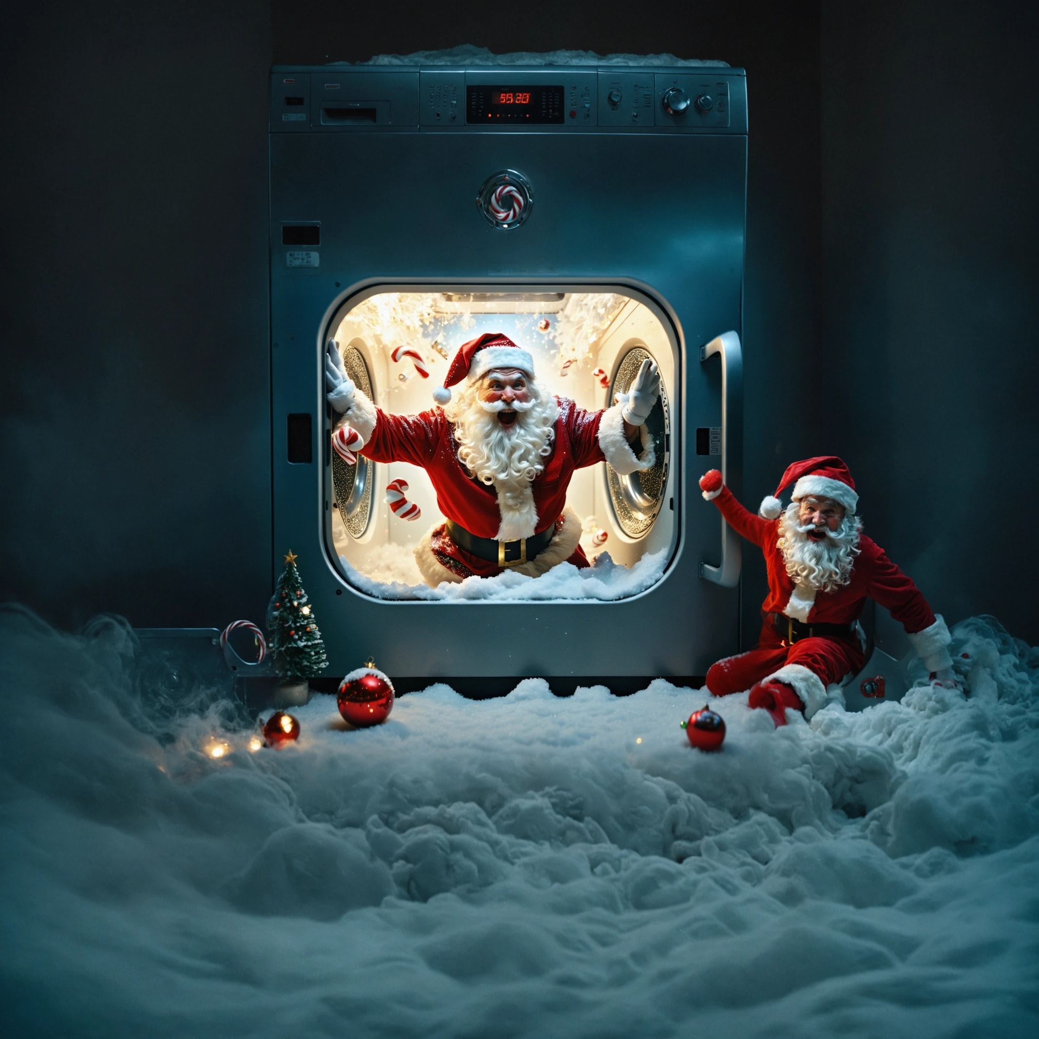 AI Generated Art: Create a photographic image capturing a surreal Christmas scene inside a cozy, warmly lit home. In this cinematic wide shot, the main subject is Santa Claus humorously spinning inside a transparent, vintage washing machine. His iconic hat and fluffy white beard are comically pressed against the glass, while colorful socks and candy canes swirl around him in a dynamic dance, adding motion blur to convey movement. The scene is bathed in soft, warm lighting that highlights the hyper-realistic textures of the scene, from the vintage washing machine's intricate details to the individual fibers of Santa's suit. Elves are seen in the background, their laughter almost audible, contributing to the overall humorous tone. The composition adheres to the rule of thirds, ensuring a visually balanced image. A shallow depth of field keeps the focus squarely on Santa's expressive face, letting the background blur slightly to enhance the intimate atmosphere. The color palette is vibrant and playful, with a high contrast and saturation boost that makes the scene pop. Special effects like a glitter overlay add a magical touch, emphasizing the festive spirit. The image is envisioned in 8k resolution to capture the rich, detailed textures and the softness of the warm lighting, making the scene appear as if it could be a moment frozen in time from a high-budget holiday film.