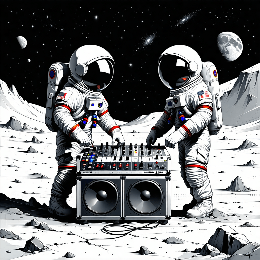 AI Generated Art: Create a portrait art capturing two cartoon astronauts, helmets on, obscuring their faces, as they are standing next to a soundsystem on the moon's surface and one of the astronauts is playing on a electronic drum pad with his hands while the other astronaut is using faders on a big sound mixer. The image should breathe life with wavy and dynamic lines, underpinned by a contrasting color scheme that emphasizes the surrealism of the scene. Position the astronauts in a dynamic diagonal composition, exuding confidence in their posture, adding a playful twist. In the backdrop, sketch a silhouette of their spaceship, integrating a cracked moon surface texture to enhance realism. The composition should be illuminated by low-key lighting, casting dramatic shadows and creating a subtle glow around the drum pad and sound mixer. Overlay a glowing cosmic aura that wraps the scene, with distant galaxies dotting the sky, instilling a sense of wonder. Tiny moon rocks scattered around the astronauts' feet and a detailed texture overlay should ground the scene in its lunar setting. Ensure to infuse the entire composition with humor and a sense of playfulness, making the extraordinary setting of playing music on the moon feel whimsically ordinary. The astronaut suits should not have any country flag on them and add green colour here and there