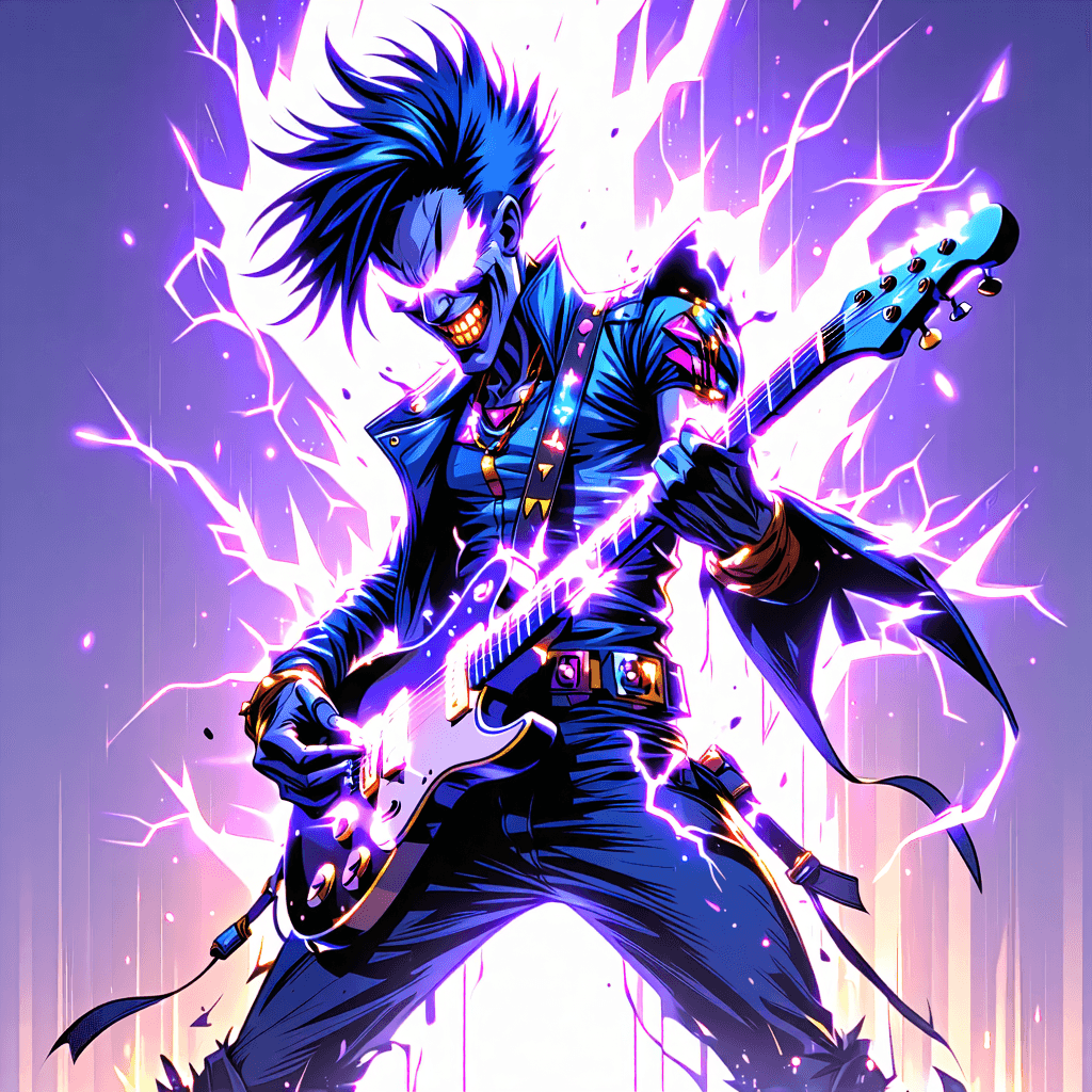 AI Generated Art: "Imagine a primary character drawn from an intricately inked Comic book, personifying the soul of a rockstar with an electronic flair. The character, positioned in a kinetic rock-and-roll stance, one foot high off the ground, is playing an electric guitar that doubles as a powerful weapon, graced with electrifying details dancing on the strings. Their facial expression is brimming with an intense fervor, eyes blazing, and a grin that's equally enticing and thrilling. The attire is a marvel