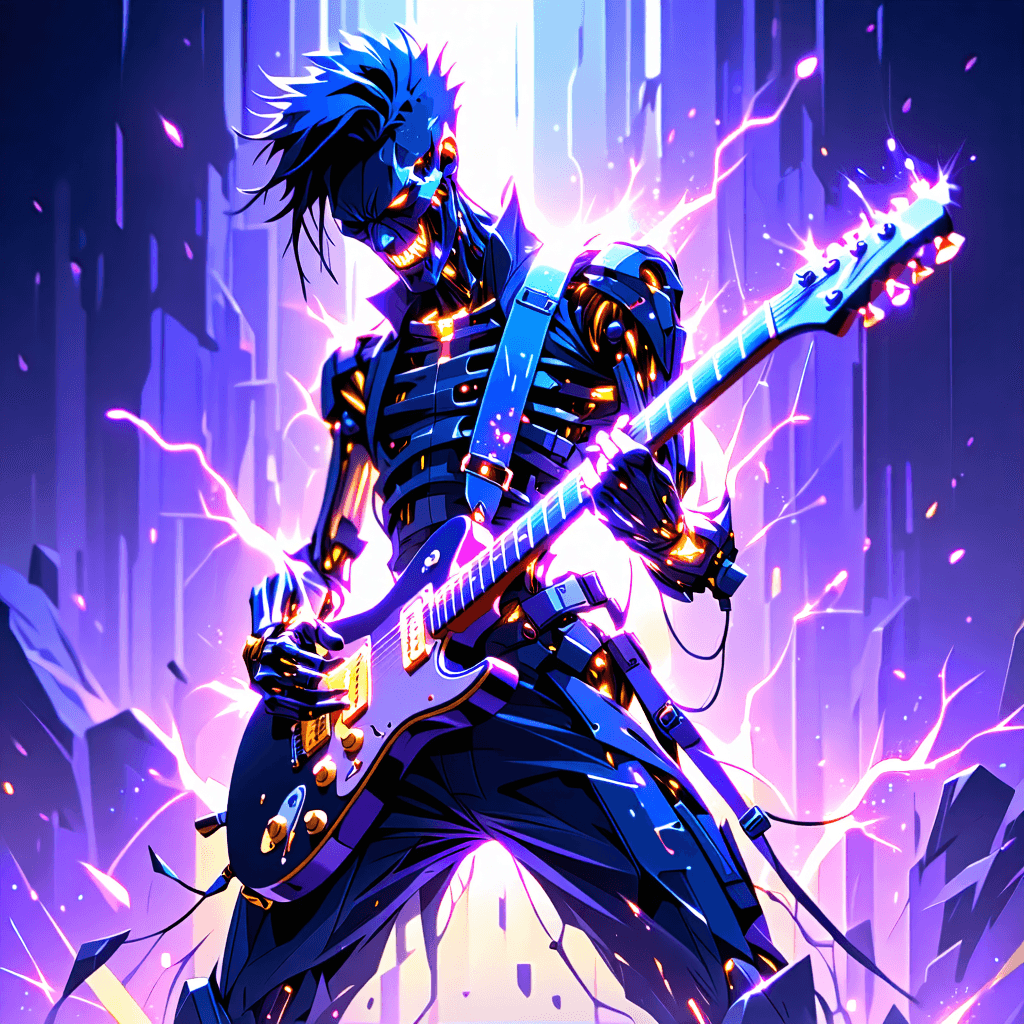 AI Generated Art: "Visualize a central figure hailing from a delicately etched Graphic Novel, embodying the spirit of a rockstar infused with a digital vibe. The character, poised in a dynamic rhythmic motion, one foot dramatically lifted, is strumming an electric guitar that also functions as a potent weapon, adorned with sparkling cybernetic enhancements on its strings. Their countenance is filled with a passionate rage, eyes aflame, and a smirk that's simultaneously captivating and electrifying. The ensemble