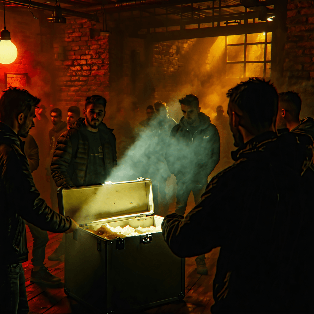 AI Generated Art: Create a photographic image capturing a tension-filled moment inside an escape room, illuminated primarily by the dramatic, focused beam of a flashlight held by one of the players. From a player's eye-level perspective, the scene unfolds with a vividly detailed case in the foreground, sharply in focus, bathed in a spotlight effect that emphasizes its importance. The room is filled with a subtle fog, adding a layer of mystery and urgency. The players are a study in collaboration and determination, their expressions a mix of focus and teamwork, captured with a blur of movement to convey their frantic search for clues. The environment is rich with worn textures, especially the furniture, contributing to the room's enigmatic charm. Vibrant colors pop against the moody backdrop, with a ticking clock visually represented to intensify the sense of time slipping away. Leading lines in the composition draw the viewer's eye directly to the case, the central mystery everyone is desperate to solve.