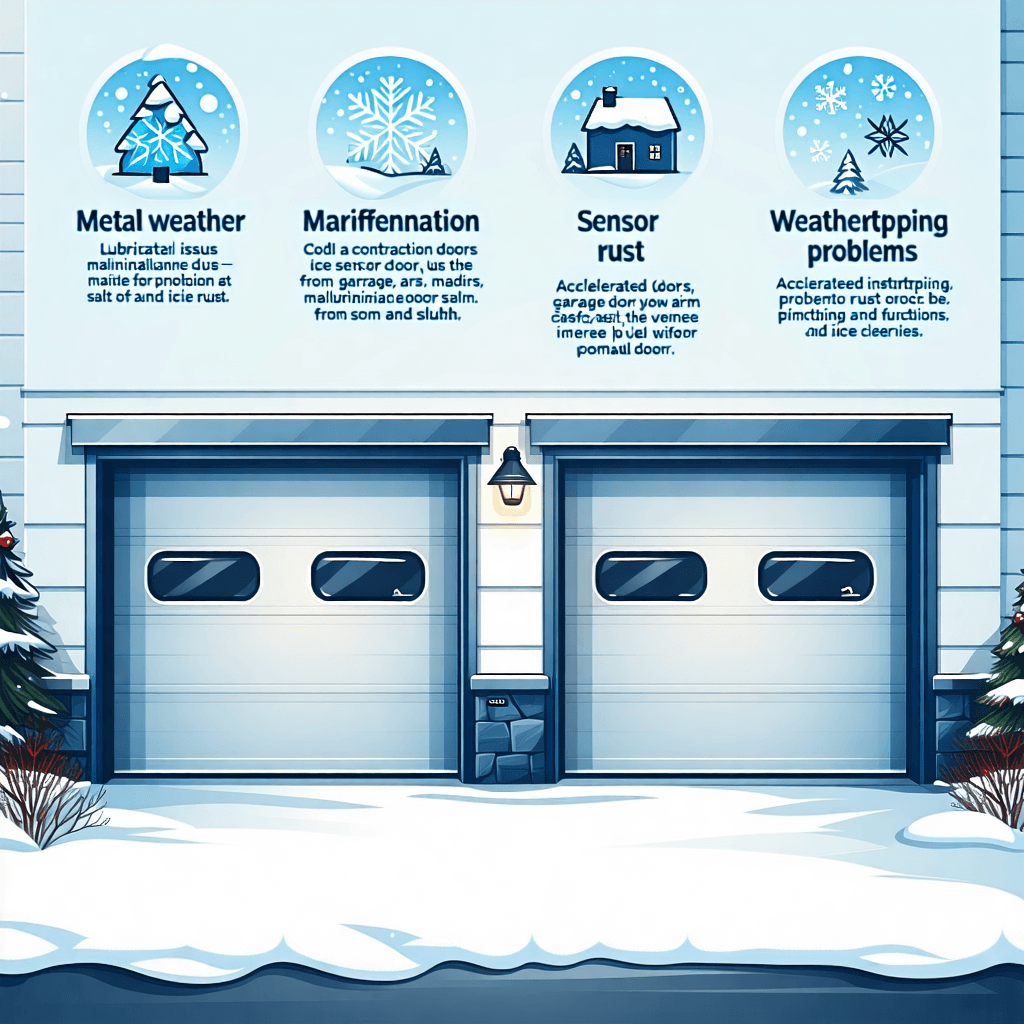 AI Generated Art: Create a visually compelling and informative flyer that underscores the importance of winter garage door maintenance. Incorporate illustrative icons that represent each point made about the impact of cold weather on garage doors: metal contraction, lubrication issues, sensor malfunctions due to ice, accelerated rust from salt and slush, and weatherstripping problems. Use a winter scene as the background to visually represent the season, setting a cold, yet engaging tone. Overlay this scene with clear, readable text that includes the detailed information provided. Add a design element that simulates a clickable button, encouraging viewers to take action, alongside a prominent placement of R&R Garage Door's logo to ensure brand identity. The entire composition should fit within a square format, optimized for social media sharing. Aim for a layout that is organized and professional, with a color scheme that enhances readability and draws attention to the key messages.