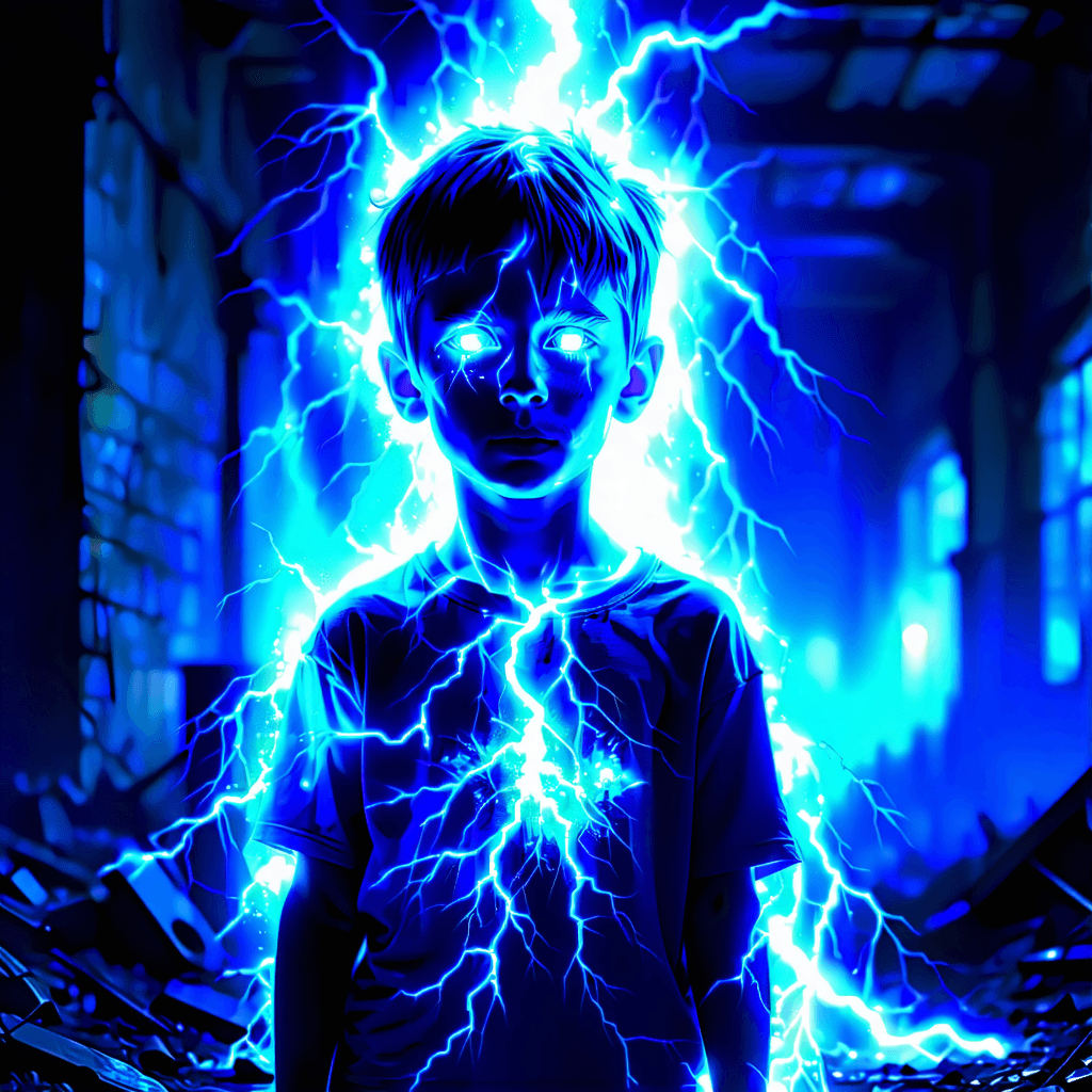 AI Generated Art: Create a poster that captures the essence of a post-apocalyptic rave universe, centered around a young boy who stands as a half-child, half-warrior figure amidst a desolate industrial landscape. This boy, enveloped in a crackling electric aura of blue and white voltage sparks, embodies the spirit of the 90s rave generation with eyes glowing with raw energy. The setting pulses with the faint remnants of broken speakers, abandoned warehouses, and the ruins of a city, all moving in sync with aggressive breakbeat music rhythms. Incorporate dynamic elements such as glitch effects, strobe flashes, distorted light trails, and flickering neon symbols to enhance the chaotic, gritty atmosphere inspired by The Prodigy's aesthetic. The camera should give the impression of slowly pushing forward, building anticipation until it culminates in a climactic moment where the boy stands amidst exploding voltage arcs, symbolizing raw voltage, rebellion, and rave energy. Emphasize neon glow intensity, the post-apocalyptic setting, and the electric aura surrounding the boy. Add graffiti tags, urban street art symbols for symbolic depth, VHS distortion effects for a retro touch, and rusted metal textures to industrial elements for realism. The scene should also feature floating holographic displays subtly hinting at sci-fi elements, ensuring the composition balances chaos with a clear focal point, using high contrast lighting to dramatize the effect.